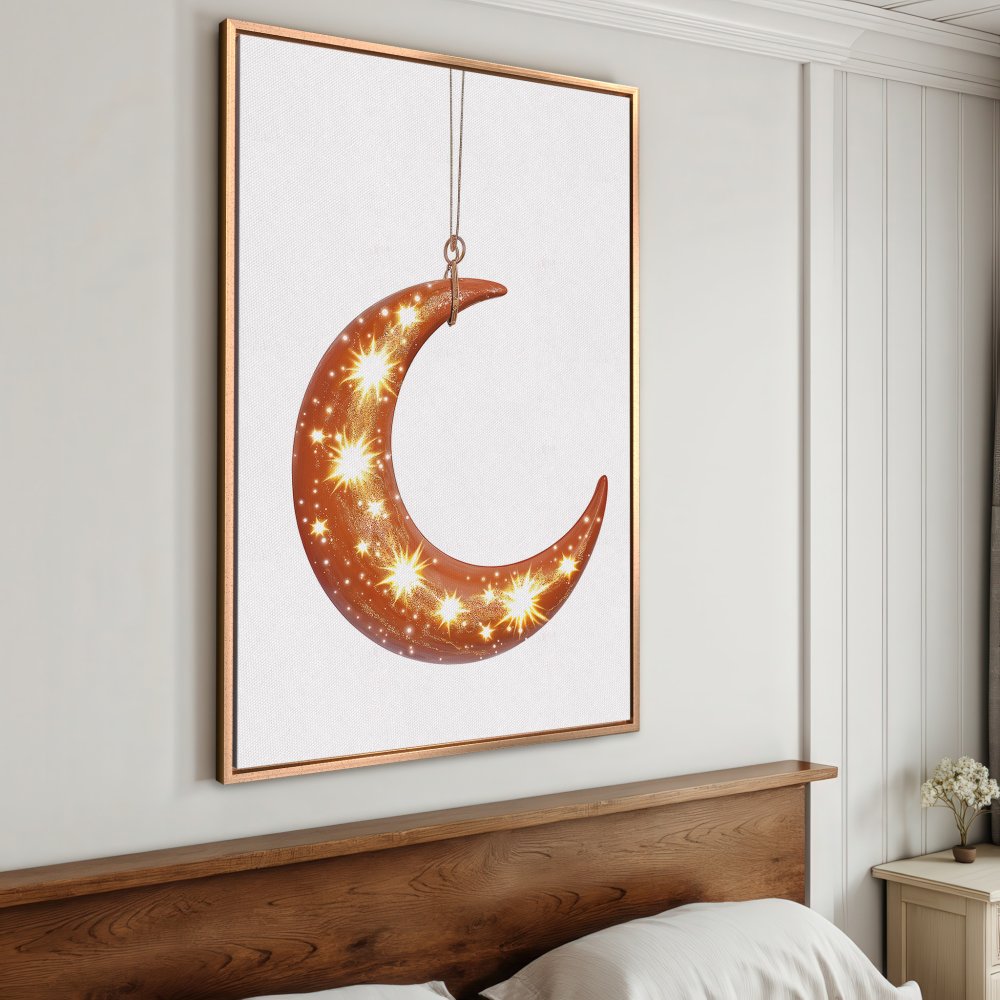 Framed Wall Art: Celestial moon canvas print with warm orange and gold tones, perfect for adding a touch of magic to your bedroom decor.