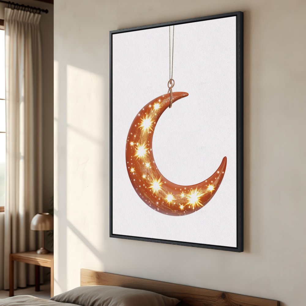 Framed Wall Art featuring a glowing crescent moon with stars. Warm orange and gold tones create a cozy, celestial vibe. Perfect for adding charm to any space.