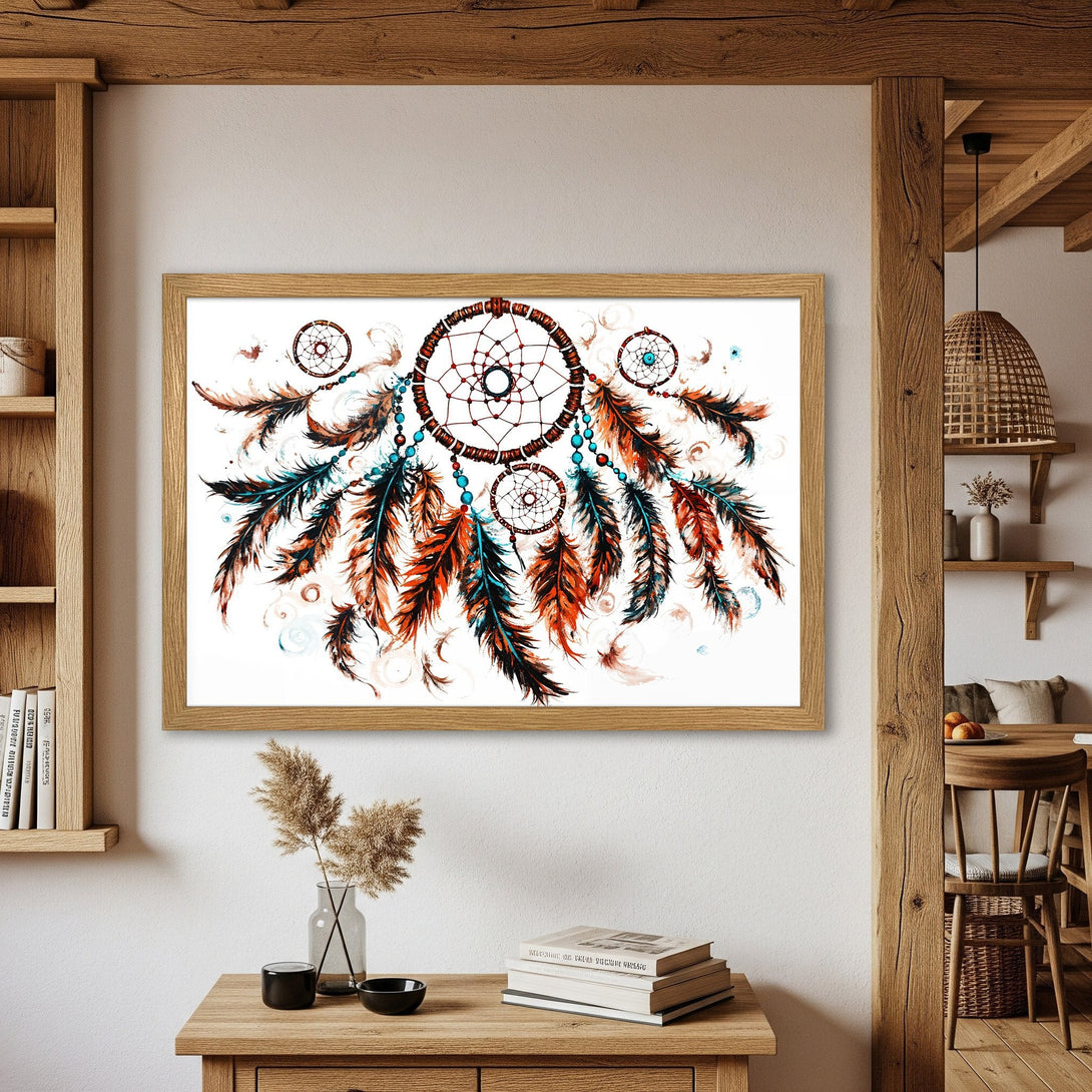 Framed Poster featuring a dreamcatcher design in watercolor style with a warm color palette. Perfect wall art for any space!