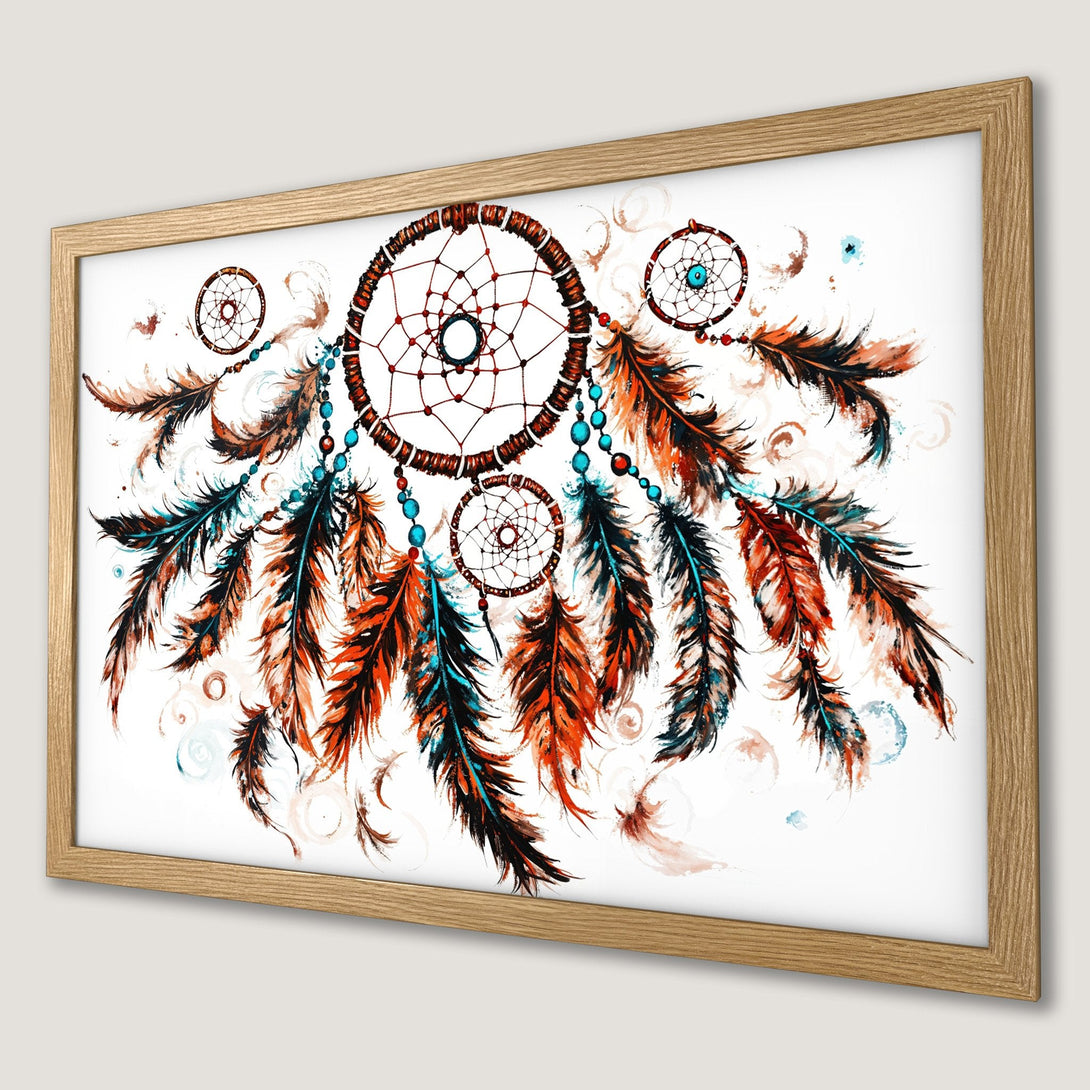 Framed Poster: Dreamcatcher art print in watercolor style, featuring orange, teal, and brown hues. Perfect wall decor for a bohemian aesthetic.