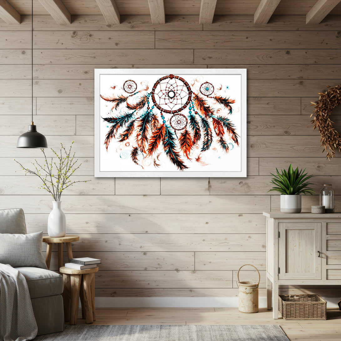 Framed Poster featuring a dreamcatcher design in watercolor style with teal, orange, and brown tones. Perfect wall art for a boho living room.