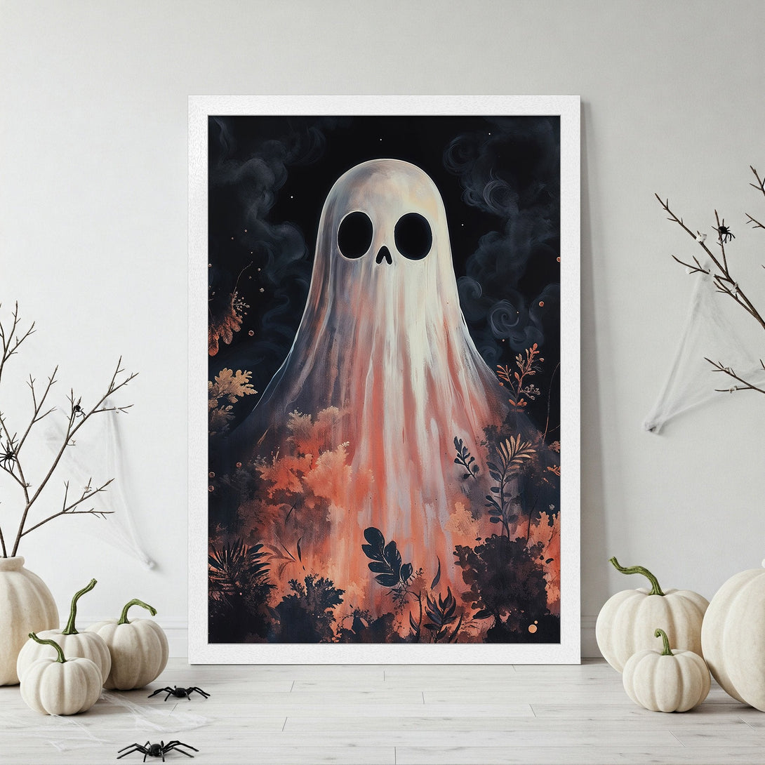 Framed Poster featuring a ghostly figure with a spooky, artistic style. Dark, earthy tones with orange and black color palette for Halloween decor.