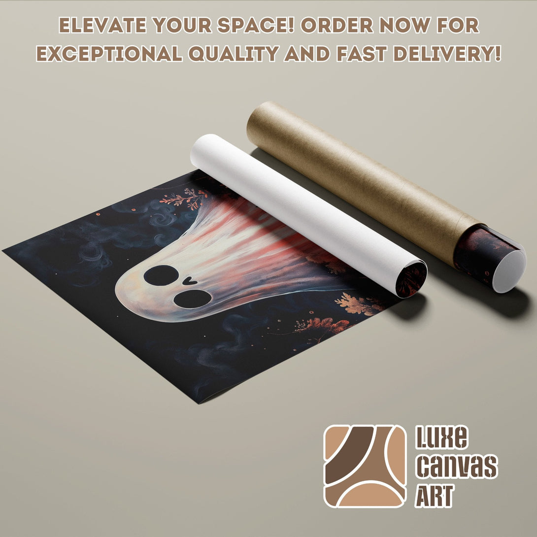 Spooky ghost art Poster Roll, dark, moody style, with black, red, and white color palette. Elevate your space!