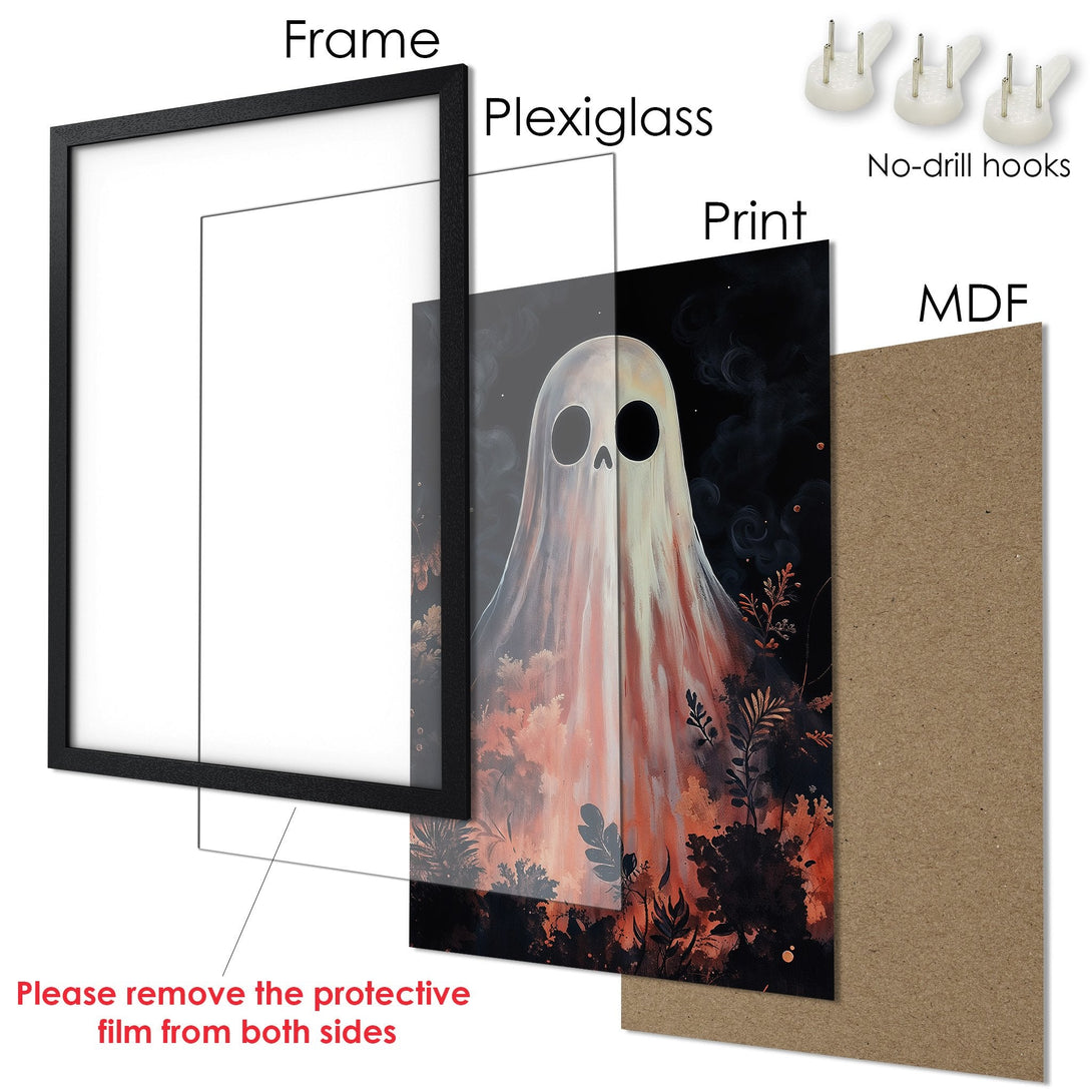 Framed Poster featuring a ghostly figure in a dark, painterly style with a warm, earthy color palette. Perfect for Halloween decor!