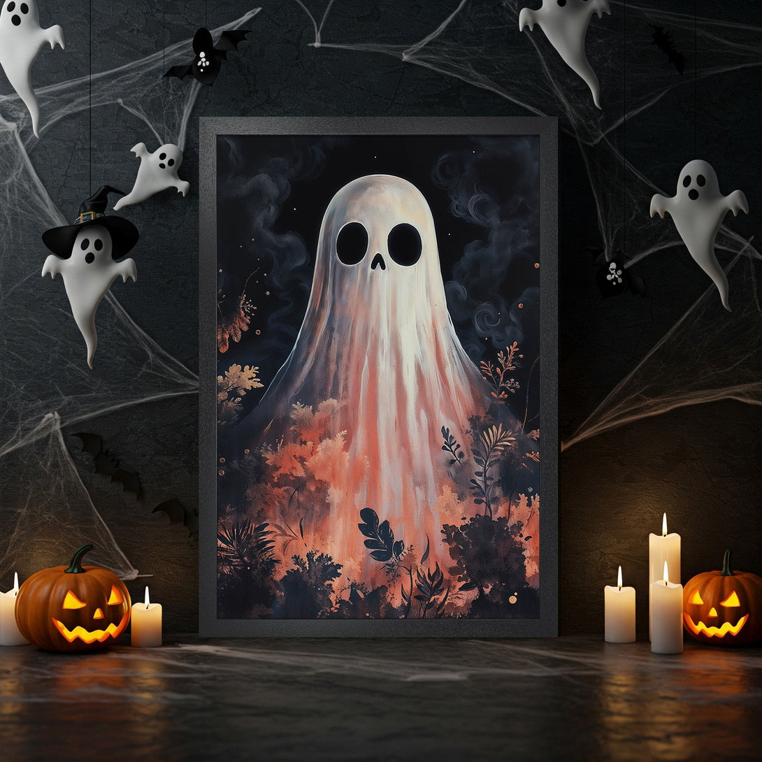 Framed Poster featuring a spooky ghost illustration in a dark, moody style with a warm, autumnal color palette. Perfect Halloween decor!