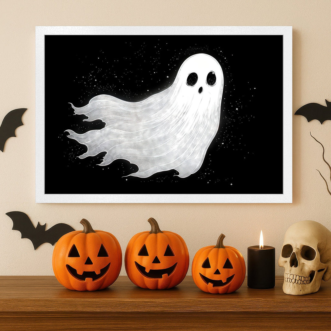 Framed Poster featuring a spooky ghost illustration in black and white, perfect Halloween decor.