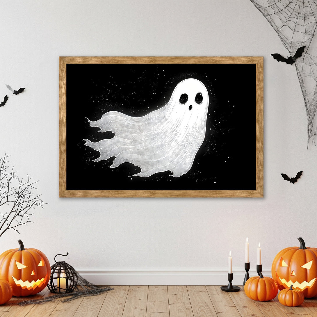 Framed Poster featuring a spooky ghost illustration in a black and white color palette. Perfect Halloween decor!