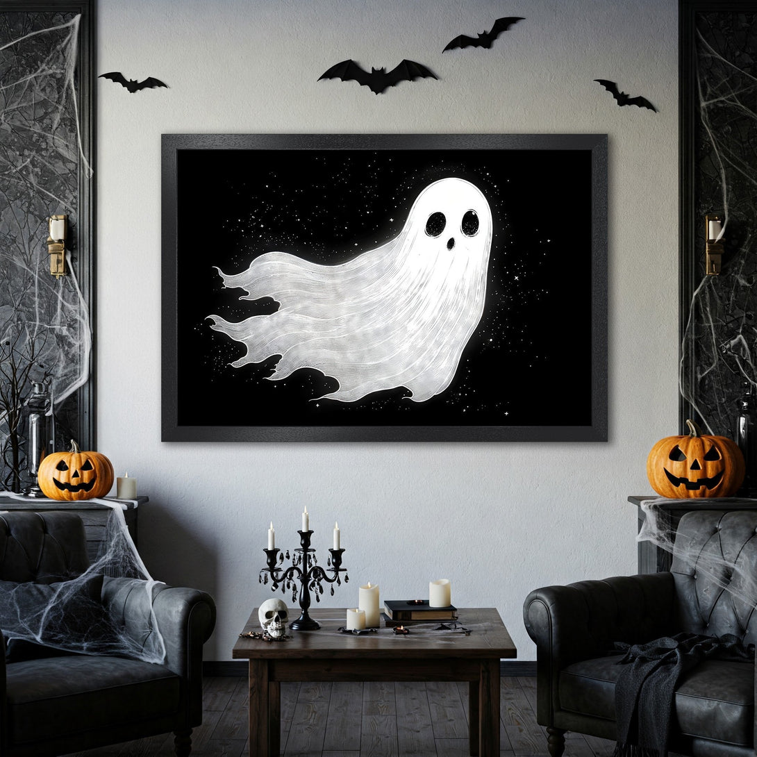 Framed Poster featuring a spooky ghost illustration in a black and white color palette. Perfect Halloween decor!