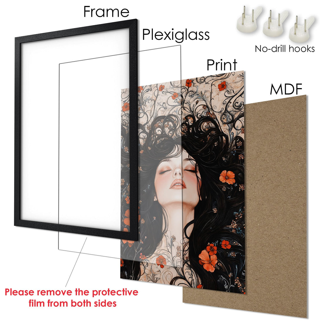 Framed Poster featuring a deer in a forest, with a black, white, and gold color palette. Perfect wall art!