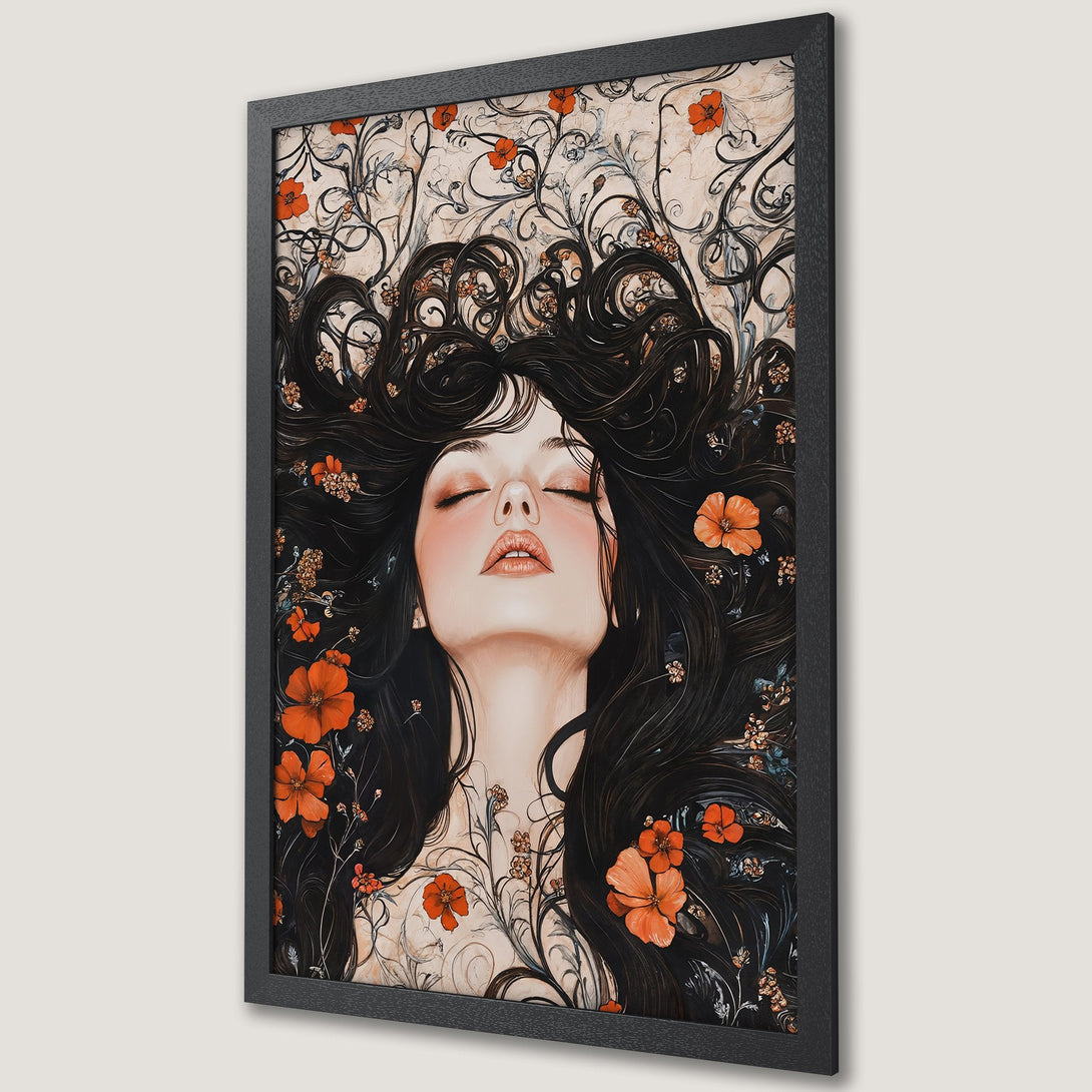 Framed Poster featuring a deer in a forest, artistic style with a black and gold color palette, perfect wall art.