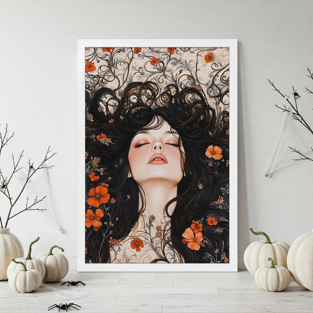 Framed Poster featuring a deer in a forest, with a vintage style and a black and gold color palette. Perfect wall art!