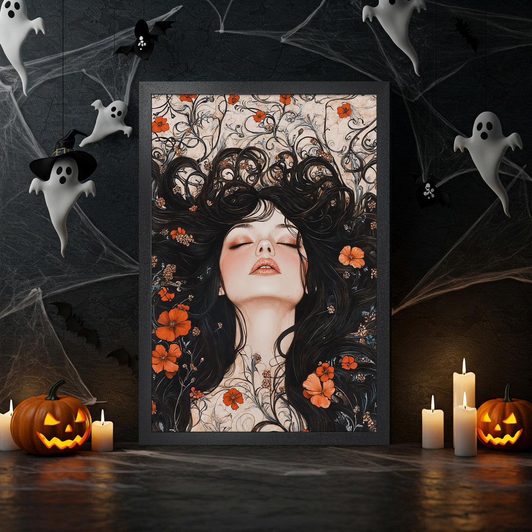 Framed Poster: Deer art print in a black frame. Elegant, minimalist style with a neutral color palette. Perfect for Halloween decor.