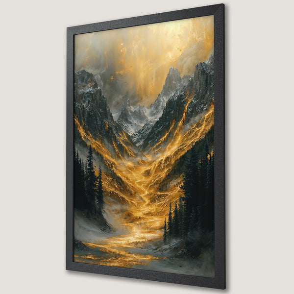 Framed Poster of a majestic mountain landscape with golden light, perfect for adding a touch of nature's beauty to your home.