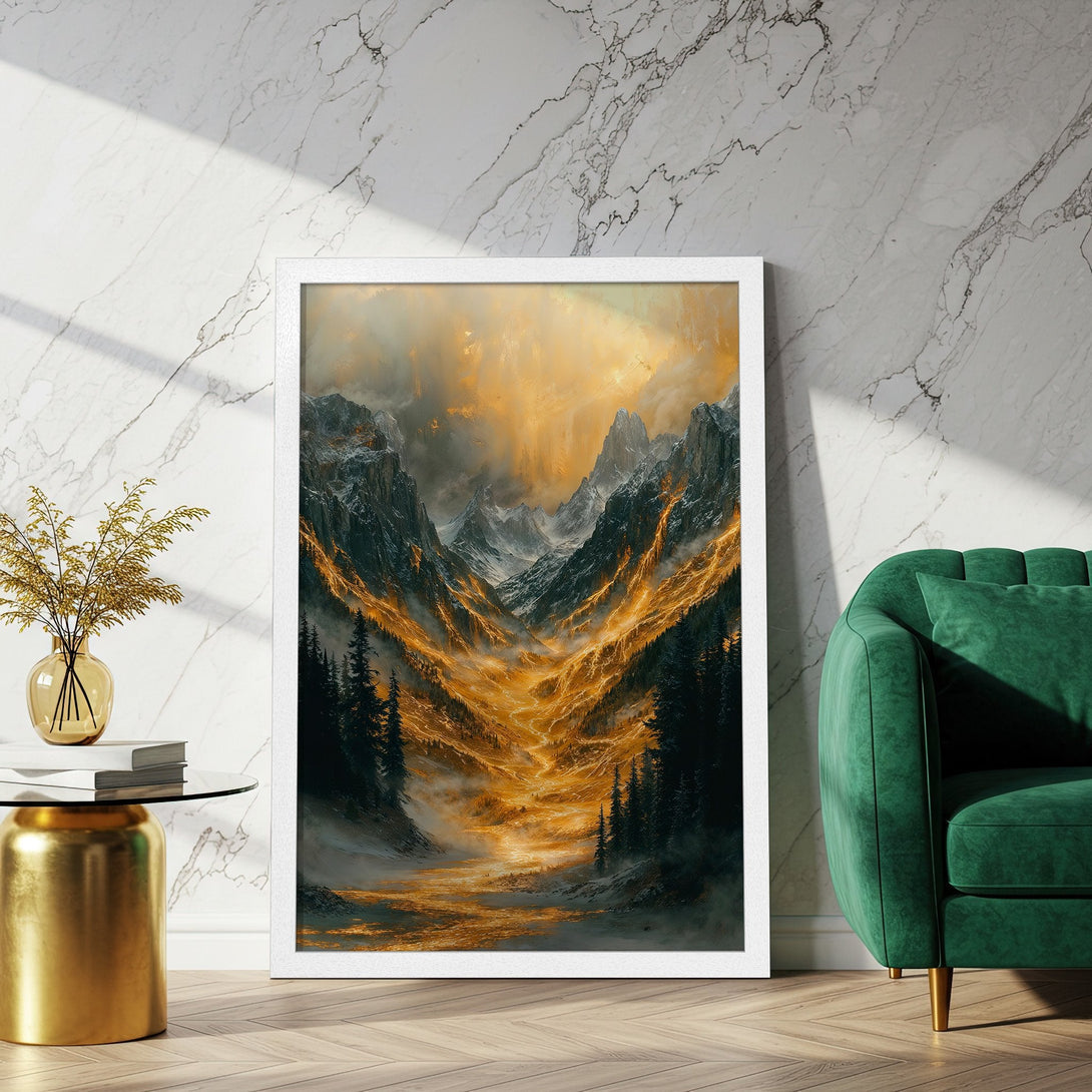 Framed Poster of a dramatic mountain landscape in a warm, golden color palette. Perfect art for your home!