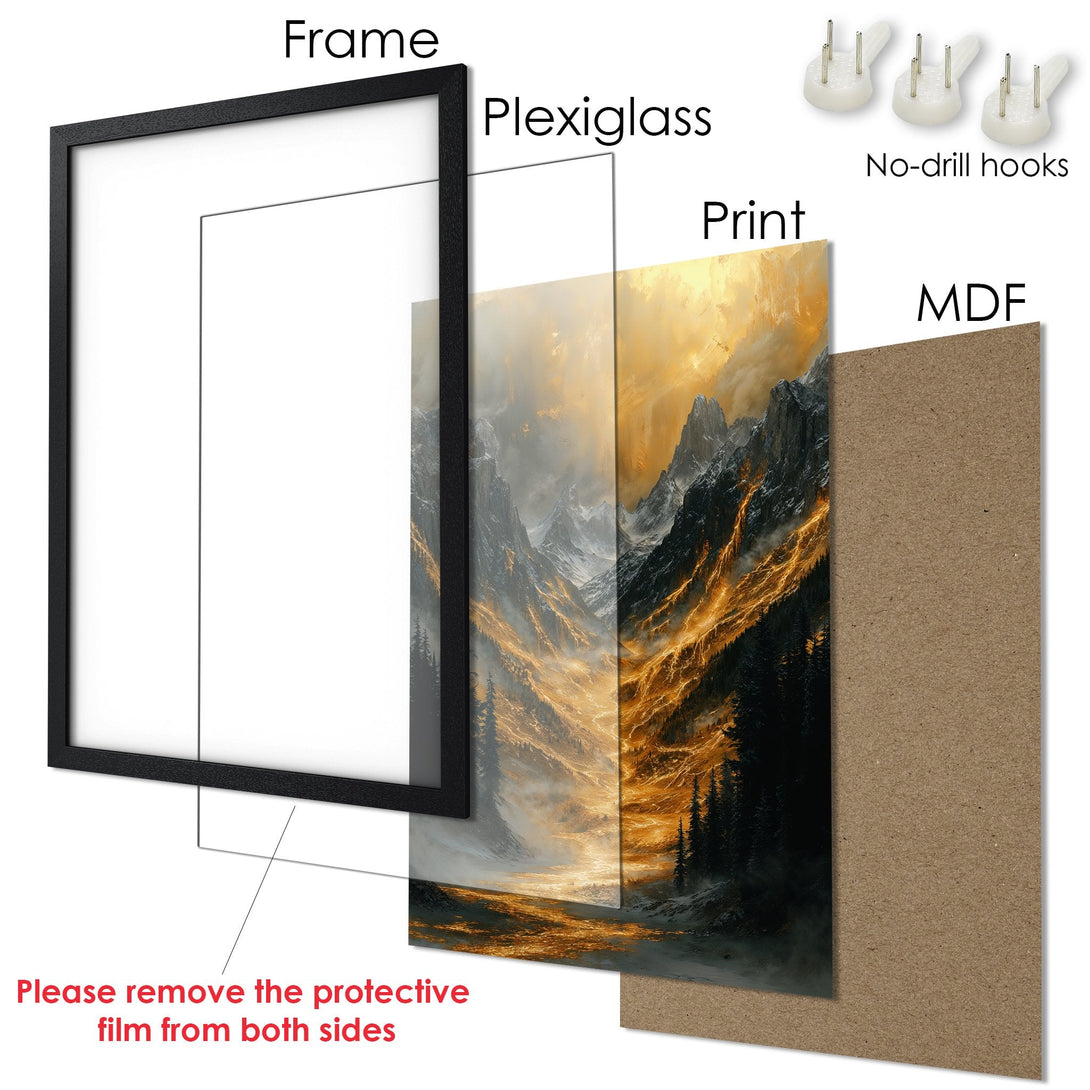 Framed Poster of a mountain landscape in a warm, golden color palette. Perfect wall art for your home.