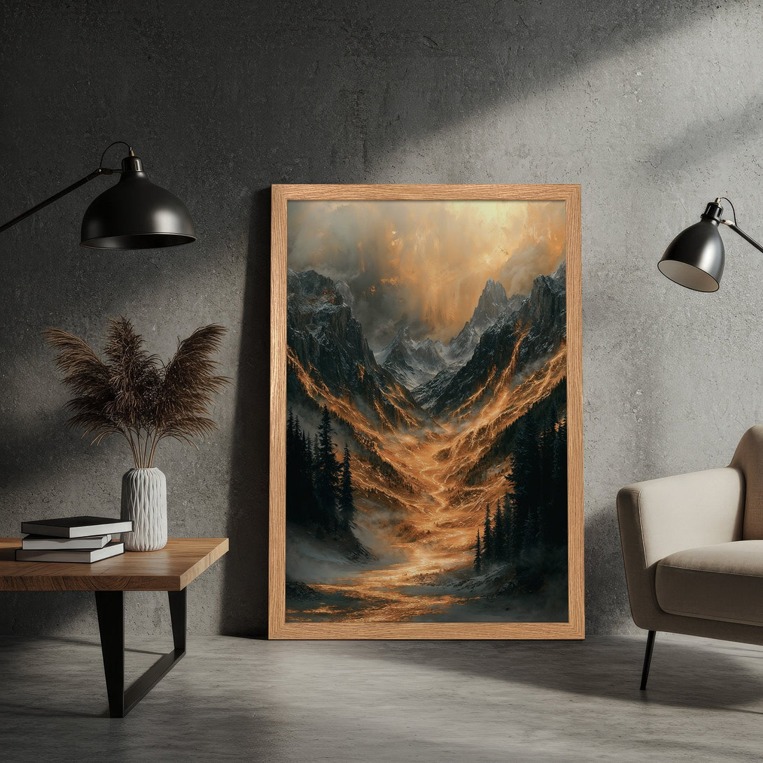 Framed Poster of a mountain landscape in a dramatic style with a warm color palette. Perfect wall art for your home!