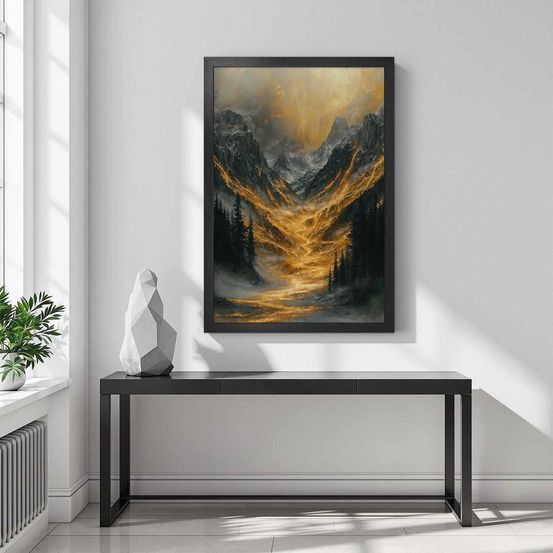 Framed Poster of a mountain landscape in gold and black. Perfect wall art for a modern home.