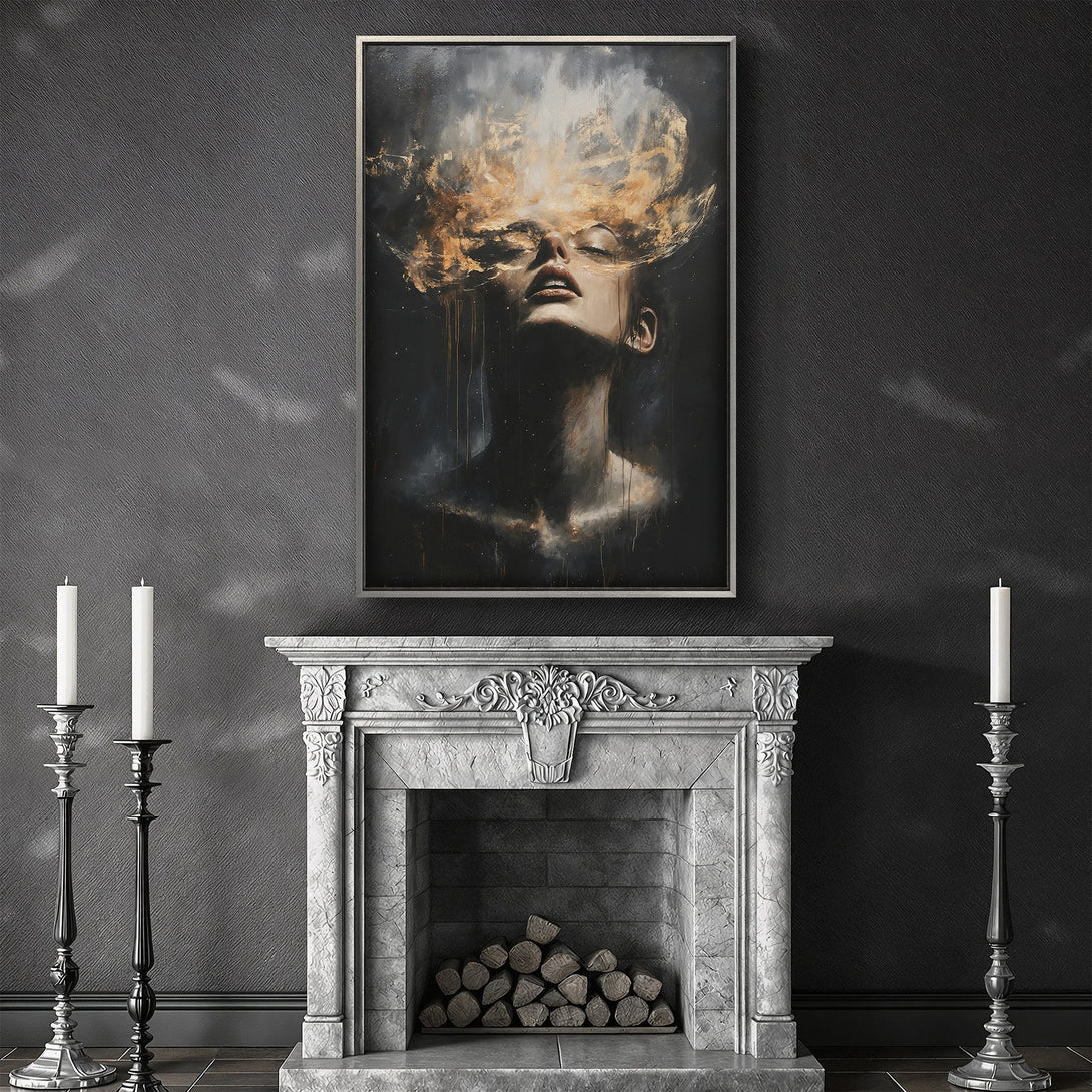 Framed Wall Art: Abstract portrait in dark, moody tones with gold accents. Adds a touch of elegance and sophistication to any space. Shop now!