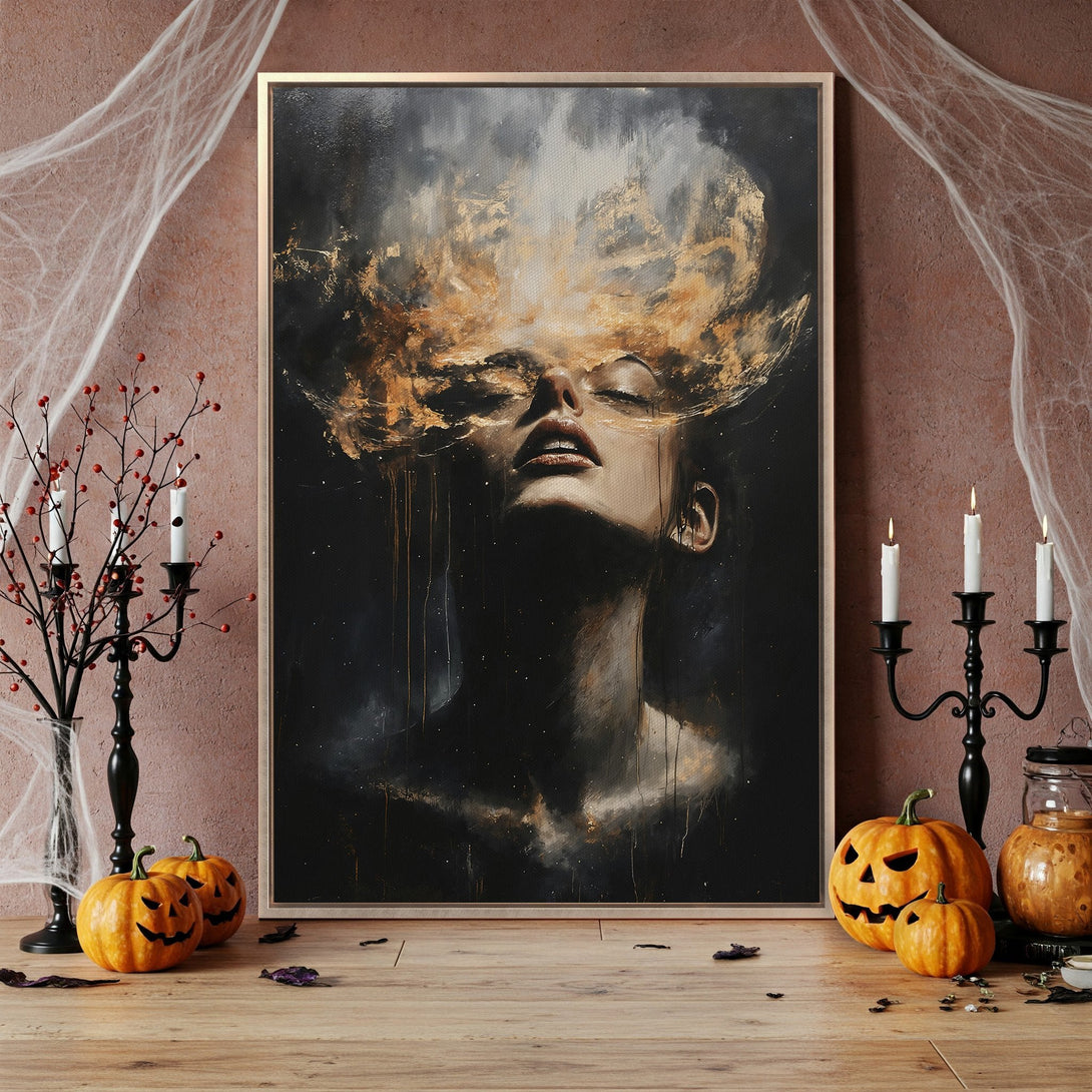 Framed Wall Art featuring a woman with golden accents, dark and moody color palette perfect for Halloween decor. Elevate your space with this stunning piece!