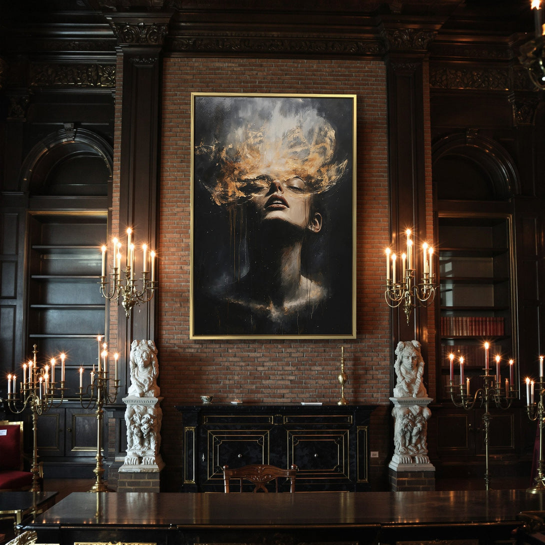 Canvas Print of a woman with fiery hair, dark and gold tones. Gothic wall art for a dramatic interior.