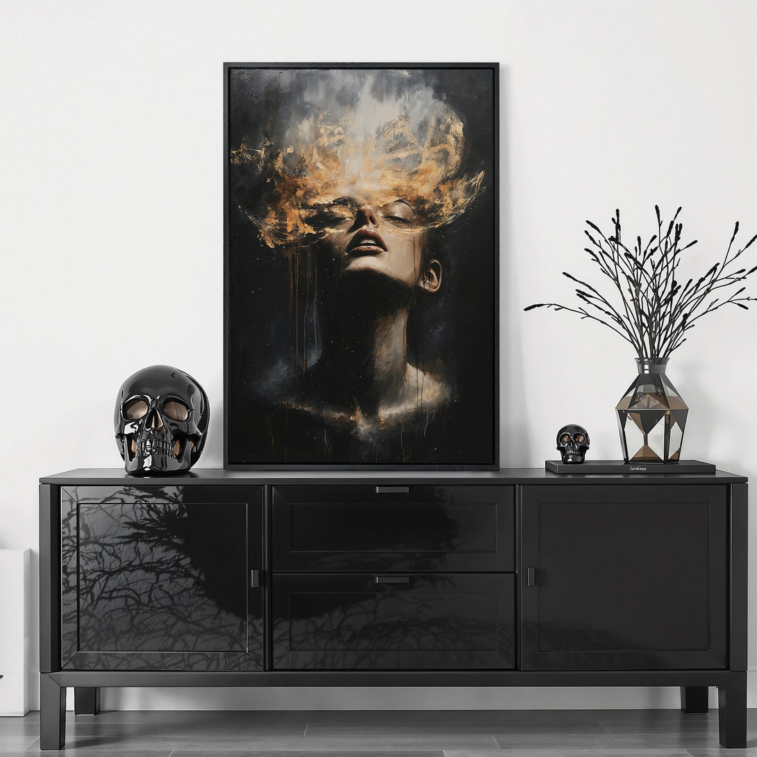 Framed Wall Art featuring a woman with a golden cloud, dark and moody aesthetic, perfect for adding a touch of mystery and elegance to your space.