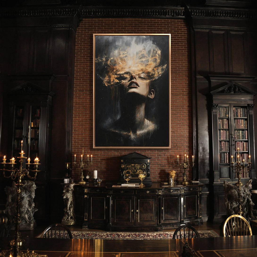Framed Wall Art: Abstract portrait canvas print with gold and black tones, displayed in a luxurious, dark-toned interior. Elevate your space with art!