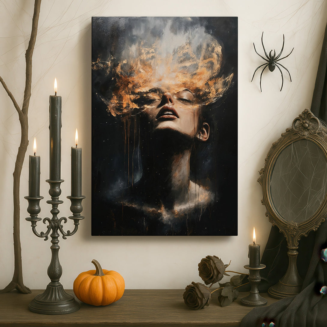 Framed Wall Art featuring a woman's portrait with a gold and black color palette. Elegant and artistic, perfect for adding a touch of sophistication to any space.