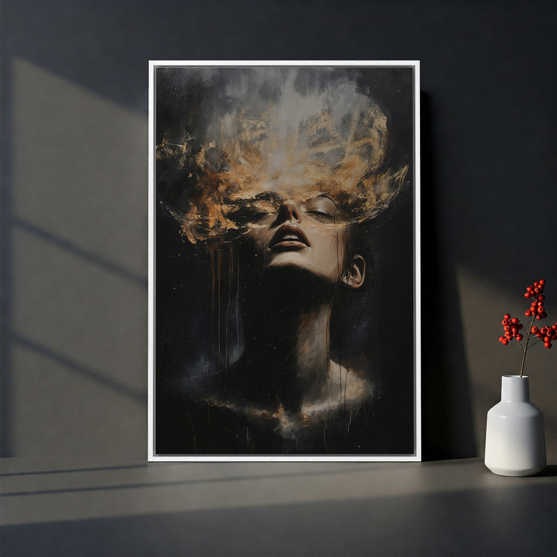 Framed Wall Art featuring an abstract portrait in a dark, moody style with gold and black tones. Enhance your space with this captivating Canvas Print.