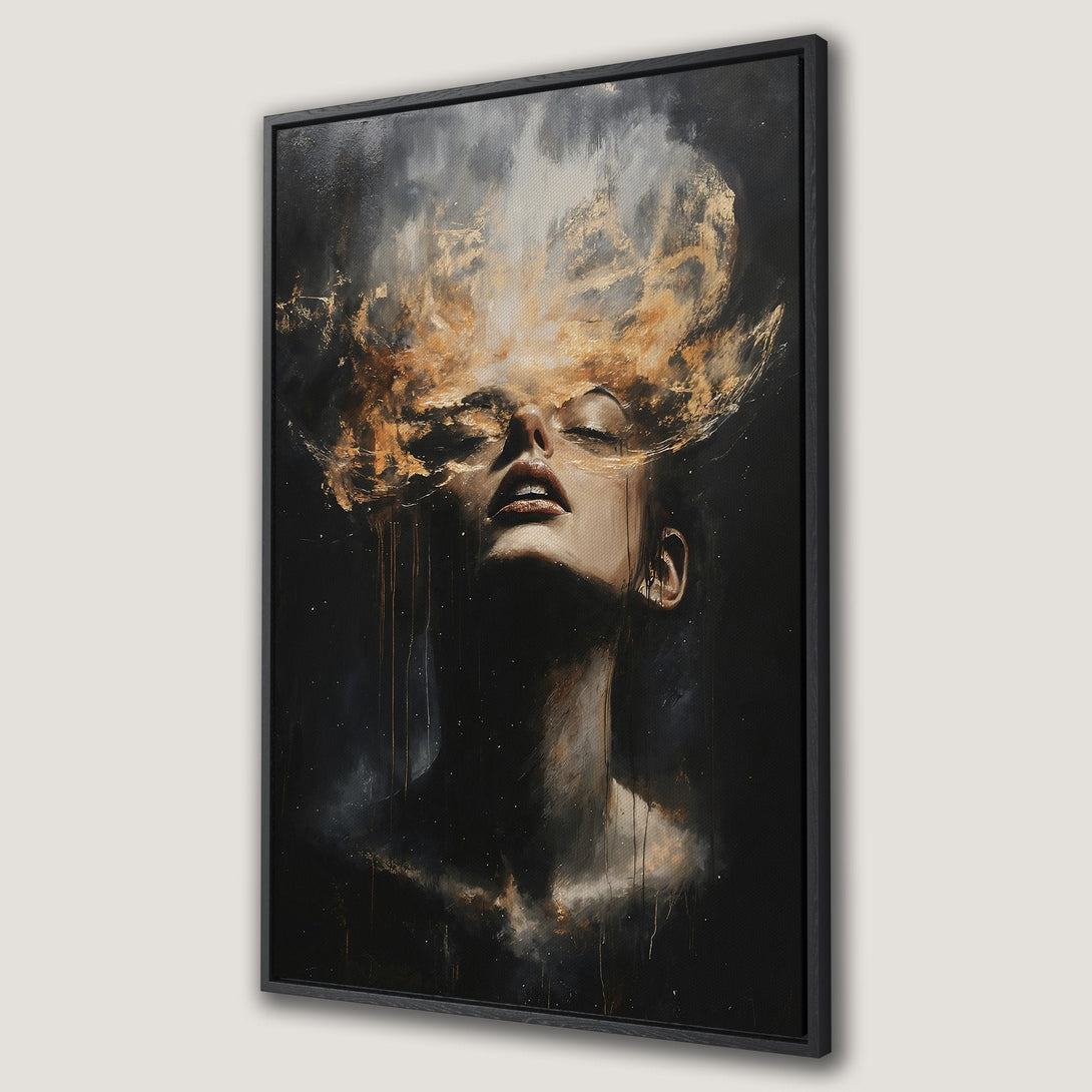 Framed Wall Art featuring a woman with a gold and black abstract design. Modern art canvas print with a dark, dramatic color palette. Perfect for home decor.