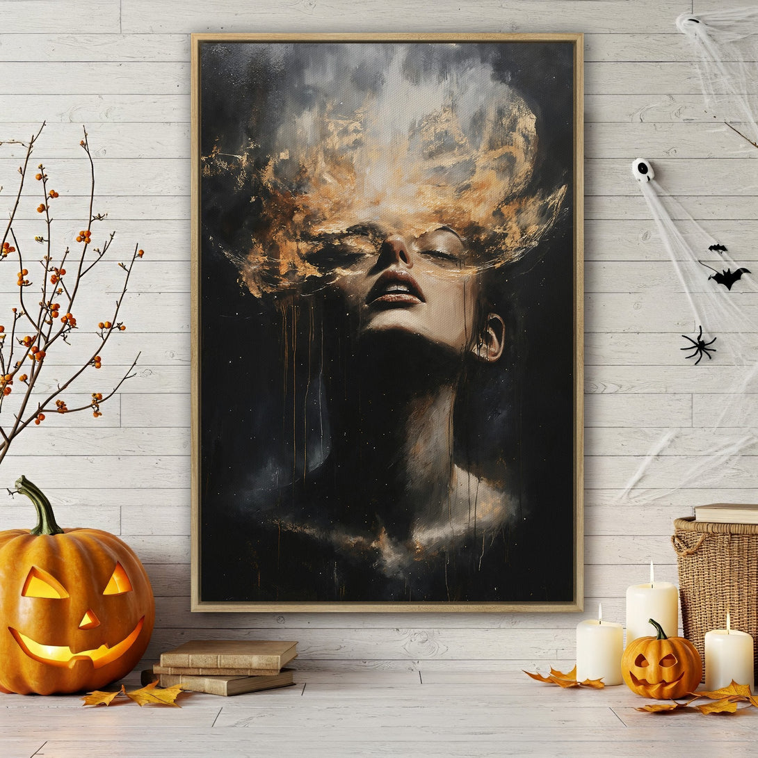 Framed Wall Art: Abstract portrait in dark, gold, and gray tones. Modern art canvas print perfect for stylish decor. Halloween-themed interior.