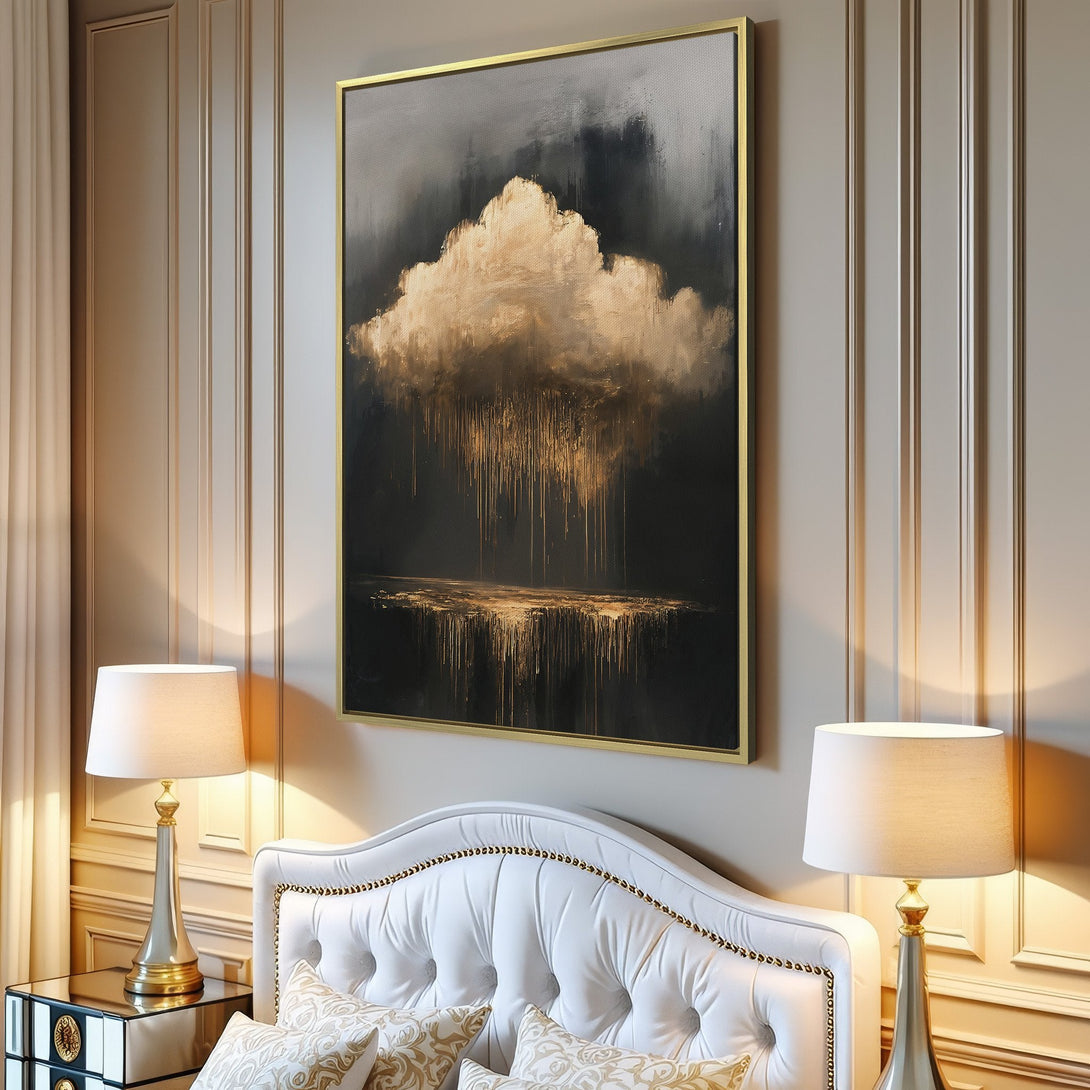 Abstract Canvas Print of cloud with gold and gray tones, perfect for modern living room decor.