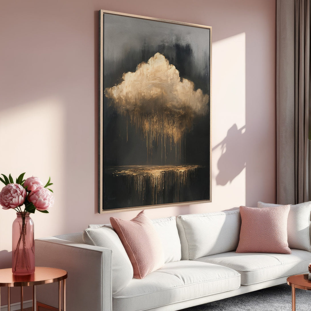 Framed Wall Art featuring an abstract cloudscape in gold and black hues. Modern art piece with a warm, inviting color palette perfect for any home.