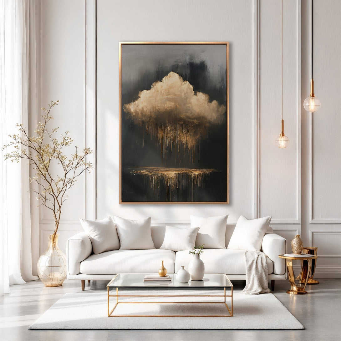 Framed Wall Art: Abstract cloud painting in gold and dark tones. Modern art canvas print adds elegance to a white living room. Luxurious home decor.