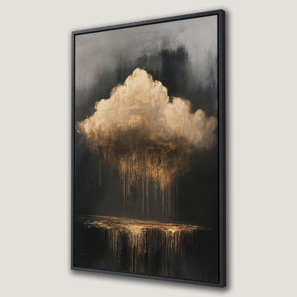 Framed Wall Art featuring an abstract cloudscape in gold and black. Modern art Canvas Print with a dramatic, moody aesthetic for a stylish interior.