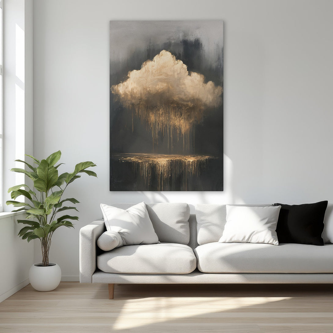 Framed Wall Art featuring an abstract gold cloud painting. Modern art with a dark and gold color palette, perfect for bedroom decor.