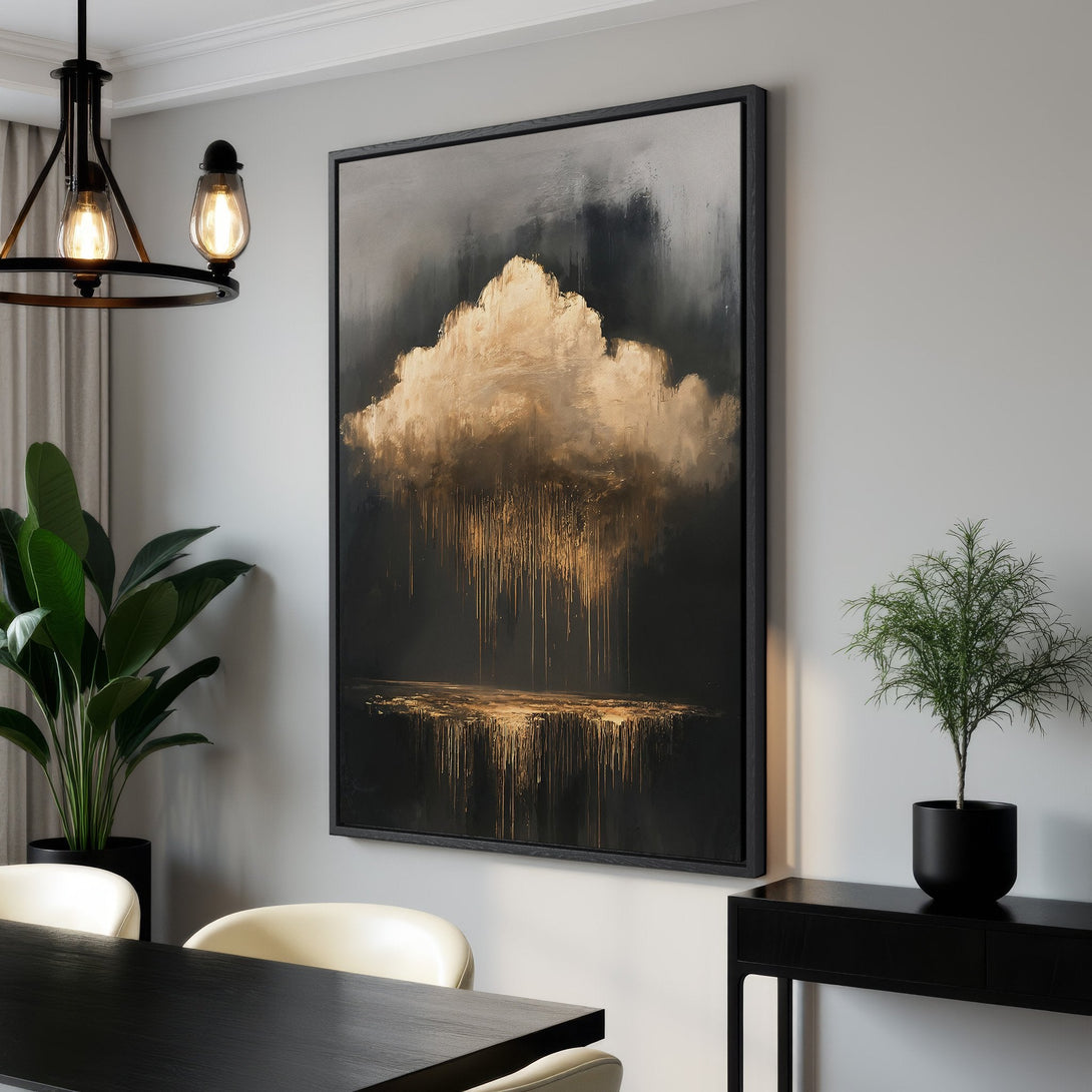 Framed Wall Art featuring an abstract cloud painting in a modern interior. Gold, black, and gray color palette adds a touch of luxury to any space. Shop now!