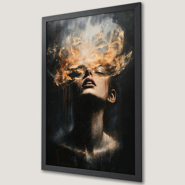 Framed Poster featuring a woman with abstract, fiery art. Dark, moody color palette with gold and black accents. Perfect wall decor.