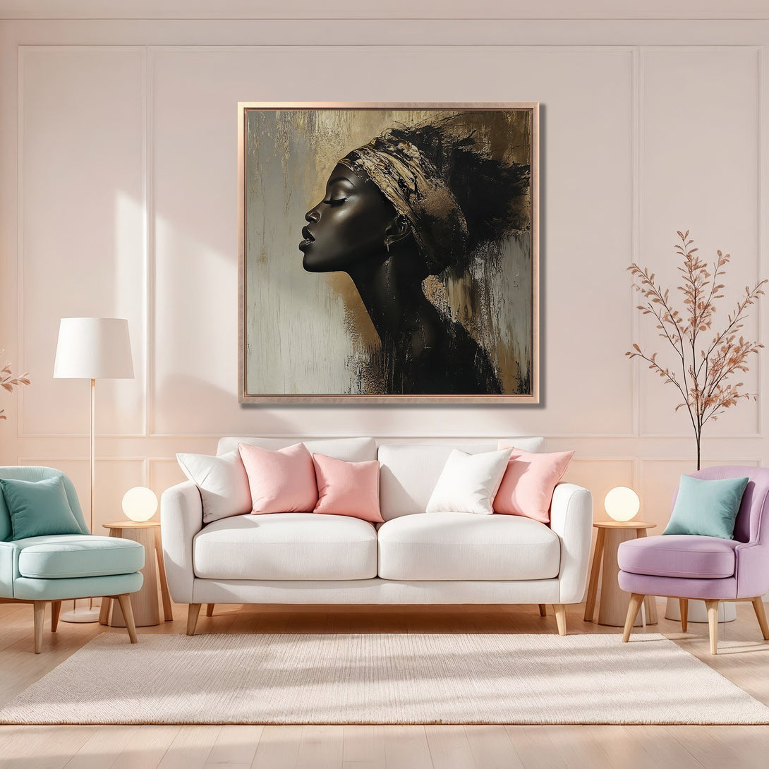 Framed Wall Art: Elegant portrait of a woman in black and gold tones. Modern abstract style with a neutral color palette, perfect for any living space.