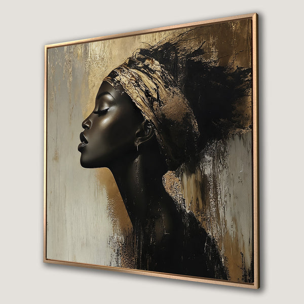 Framed Wall Art: Abstract portrait of a woman in black and gold. Modern canvas print with a neutral color palette, perfect for home decor.