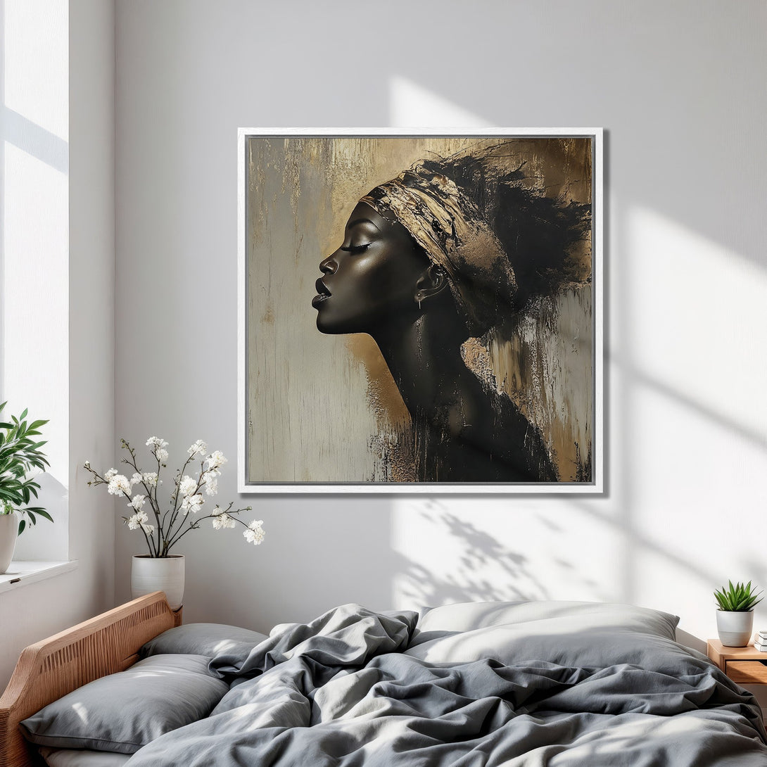 Framed Wall Art: Elegant portrait of a woman in black and gold, displayed in a bedroom. Modern art with a neutral color palette for stylish home decor.