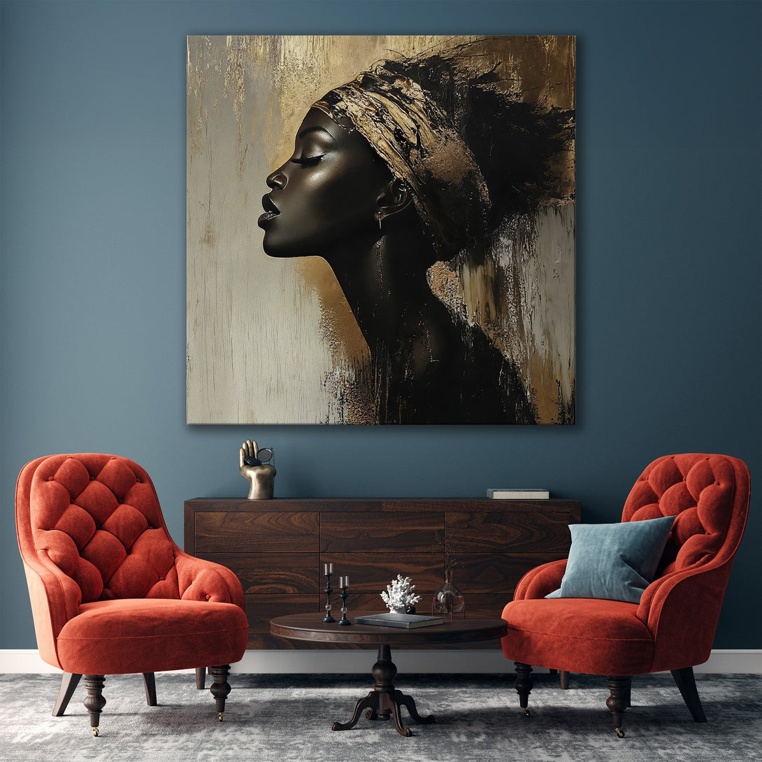 Framed Wall Art of a Black woman in profile, abstract style, with gold and neutral color palette. Perfect for modern home decor.