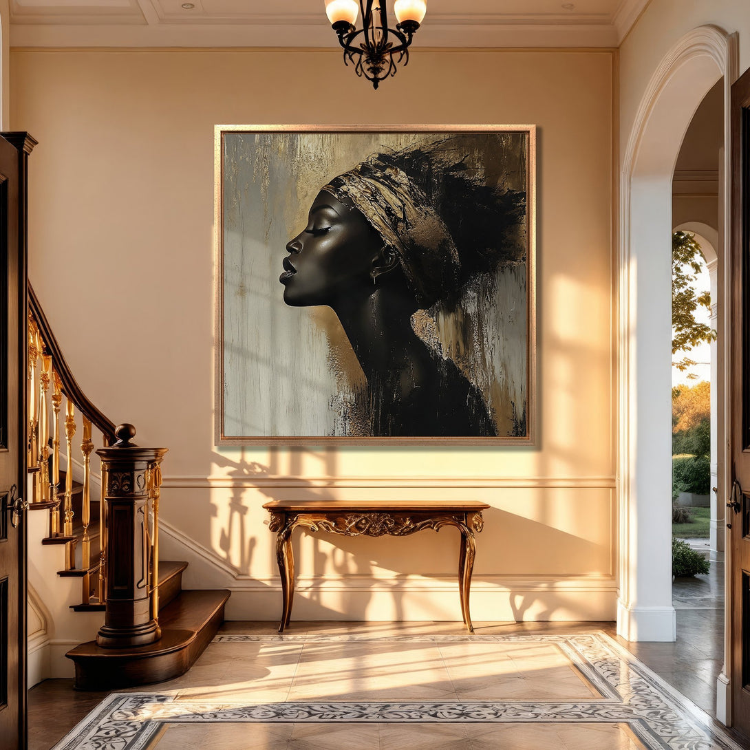 Framed Wall Art of a Black woman in profile, with gold accents, displayed in a luxurious interior. Modern abstract Canvas Print with a neutral color palette.