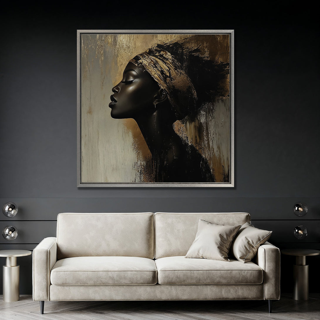 Framed Wall Art: Elegant black woman portrait Canvas Print in gold & neutral tones. Perfect for modern home decor. Shop now!