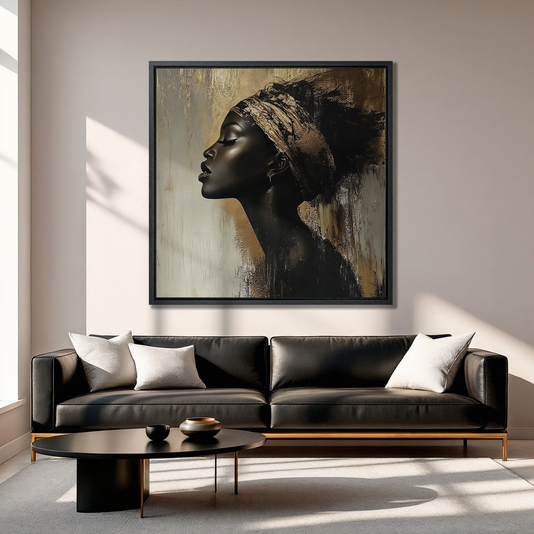 Framed Wall Art featuring a striking black and gold portrait. Modern abstract style with a beautiful woman, displayed in a living room setting. Enhance your decor!