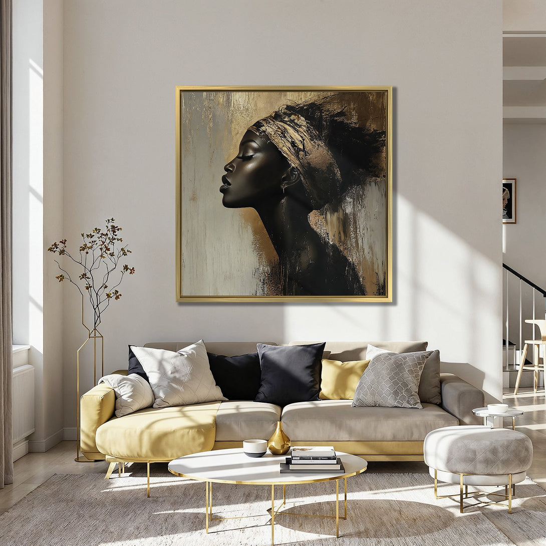 Canvas Print of an elegant woman in profile, abstract style, gold & black tones. Add sophistication to your space!