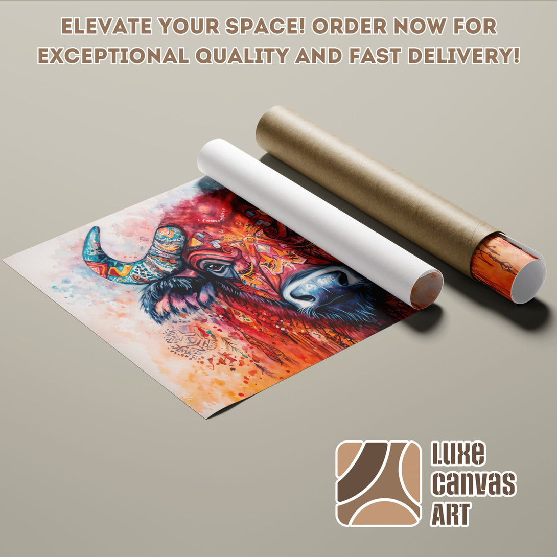 Vibrant watercolor buffalo Poster Roll art. Colorful palette, unique style. Elevate your space with exceptional quality!