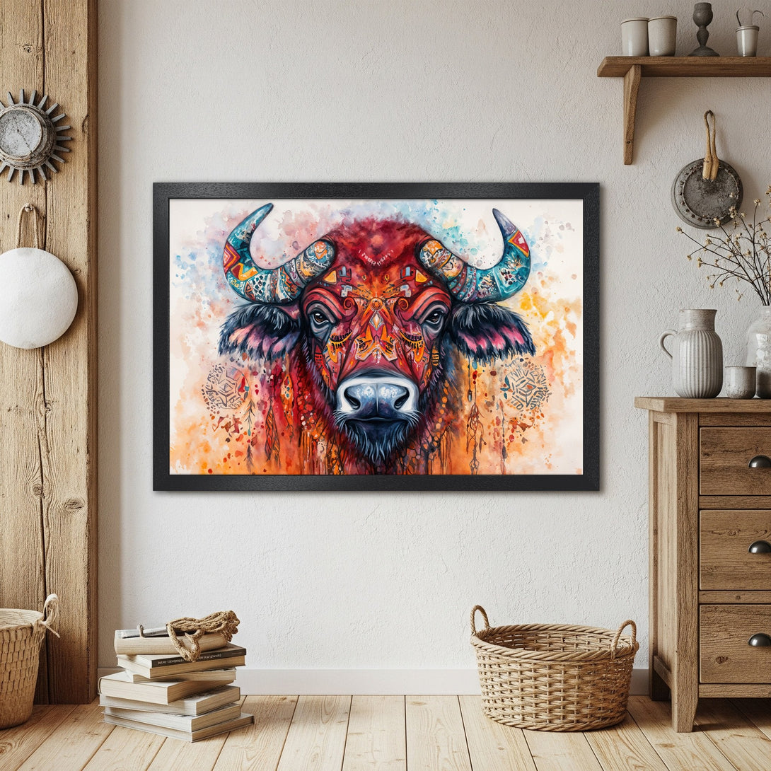 Framed Poster featuring a vibrant watercolor buffalo. Earthy tones with pops of color. Perfect boho wall art.
