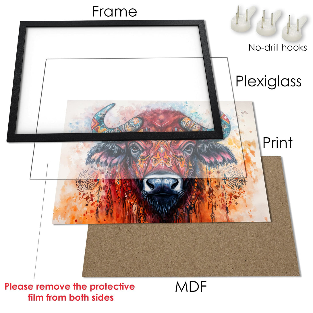Framed Poster featuring a watercolor buffalo in warm orange and red tones. Stunning art for your home decor!