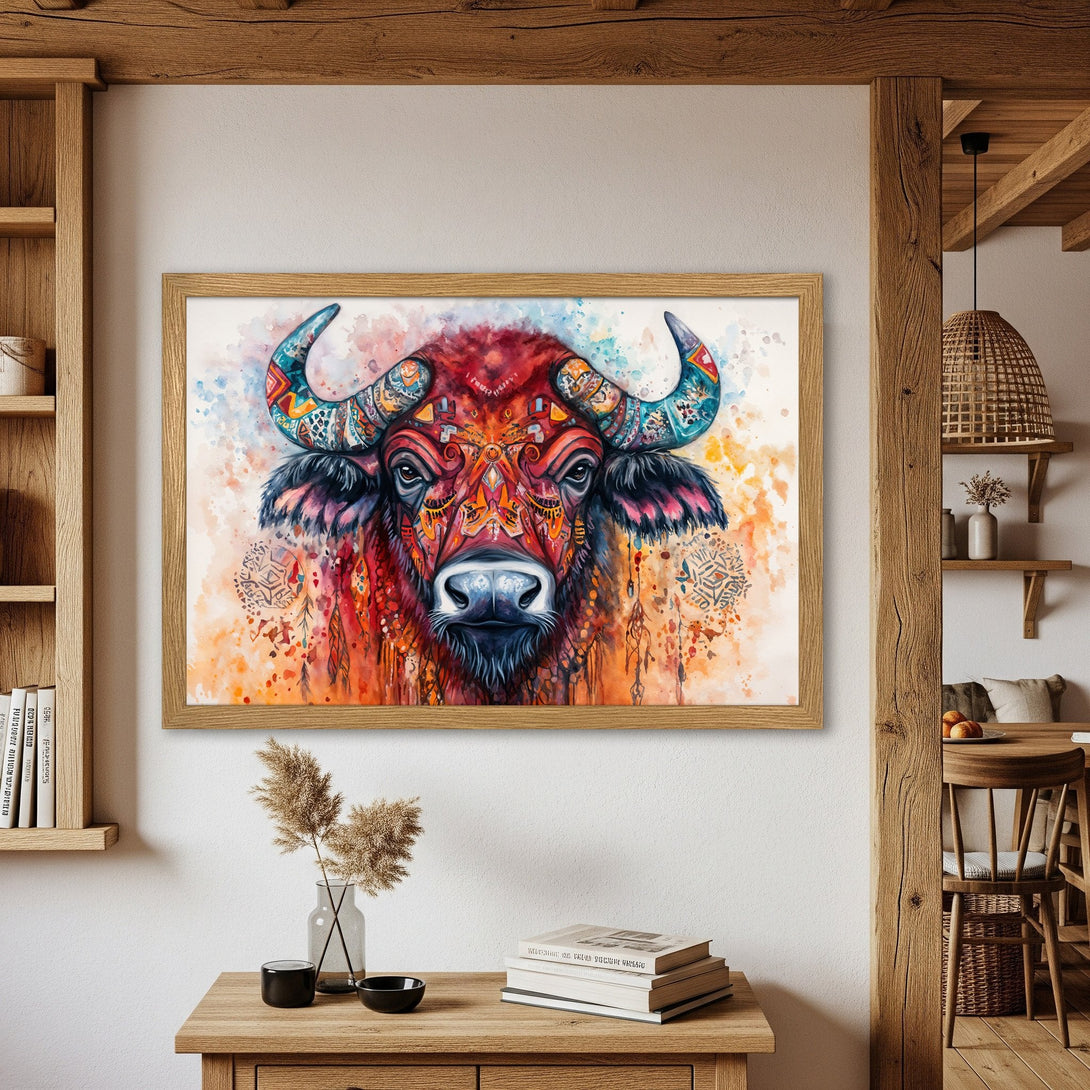 Framed Poster of a vibrant watercolor buffalo. Boho style art with warm red, orange, and blue tones. Add a touch of nature to your home decor!