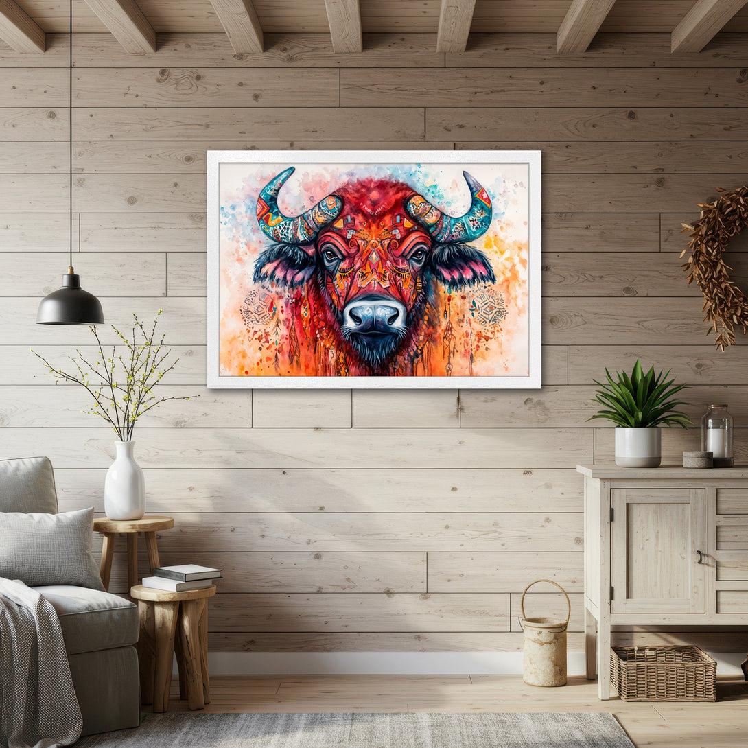 Framed Poster of a colorful watercolor bull. Vibrant, bohemian style art with warm orange, red, and blue hues. Perfect wall decor!